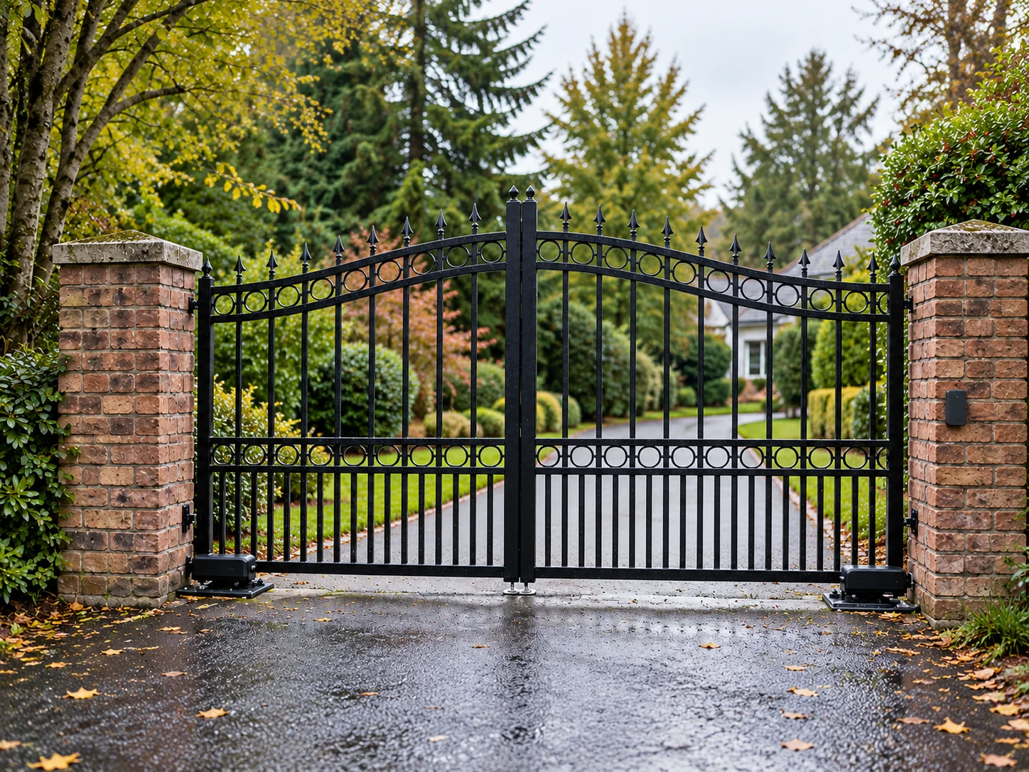 Automated electric swing gates between brick piers at the entrance to a home