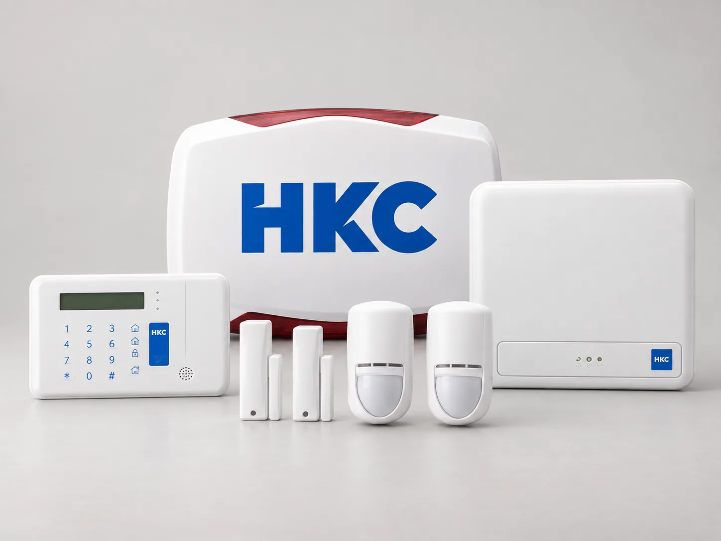 HKC wireless alarm system kit with keypad, external siren, control panel, door contacts and PIR sensors